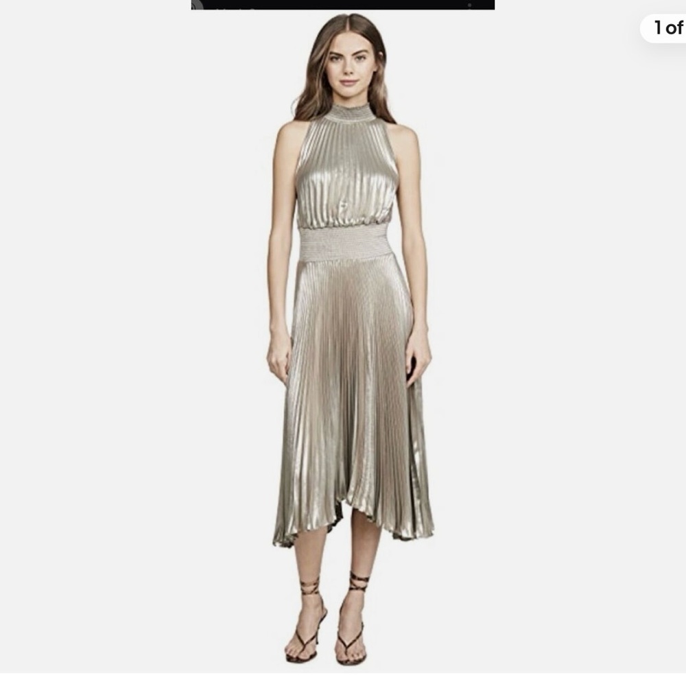 A.L.C. Renzo pleated metallic halter sleeveless midi dress. Metallic gold